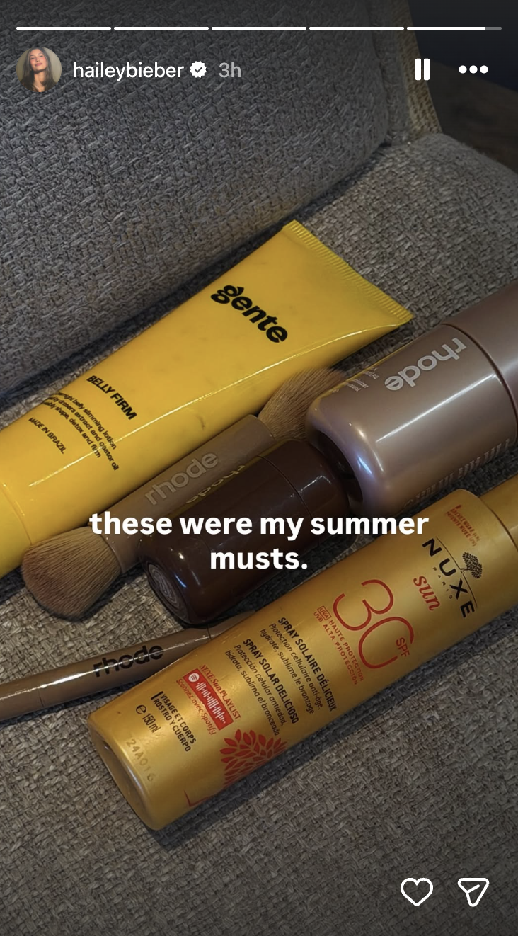 Instagram Story of Hailey Bieber's summer beauty products