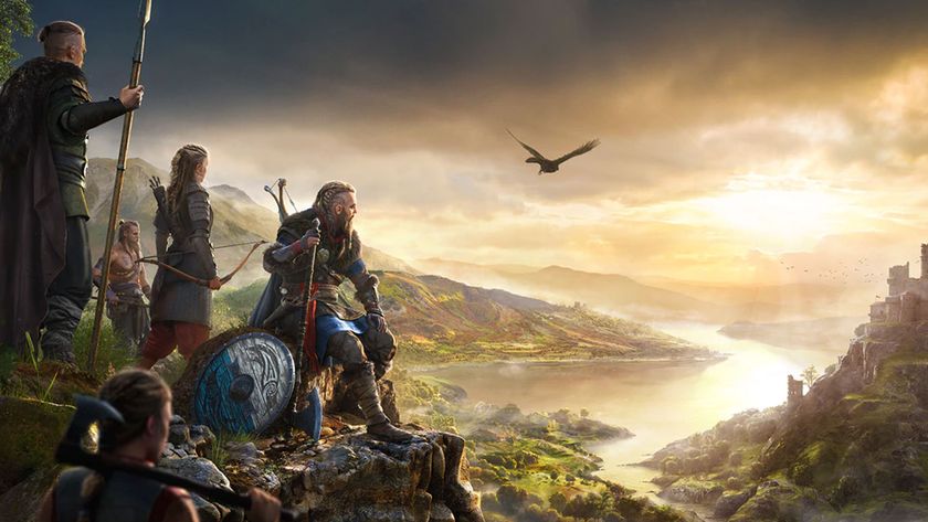 Assassins Creed Valhalla screenshot shows Eivor looking out over a sunset-hued vista with a sword resting in the ground as other Vikings look on behind them