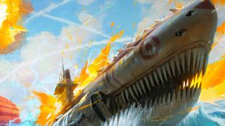 A warship painted to look like a shark fires all guns.