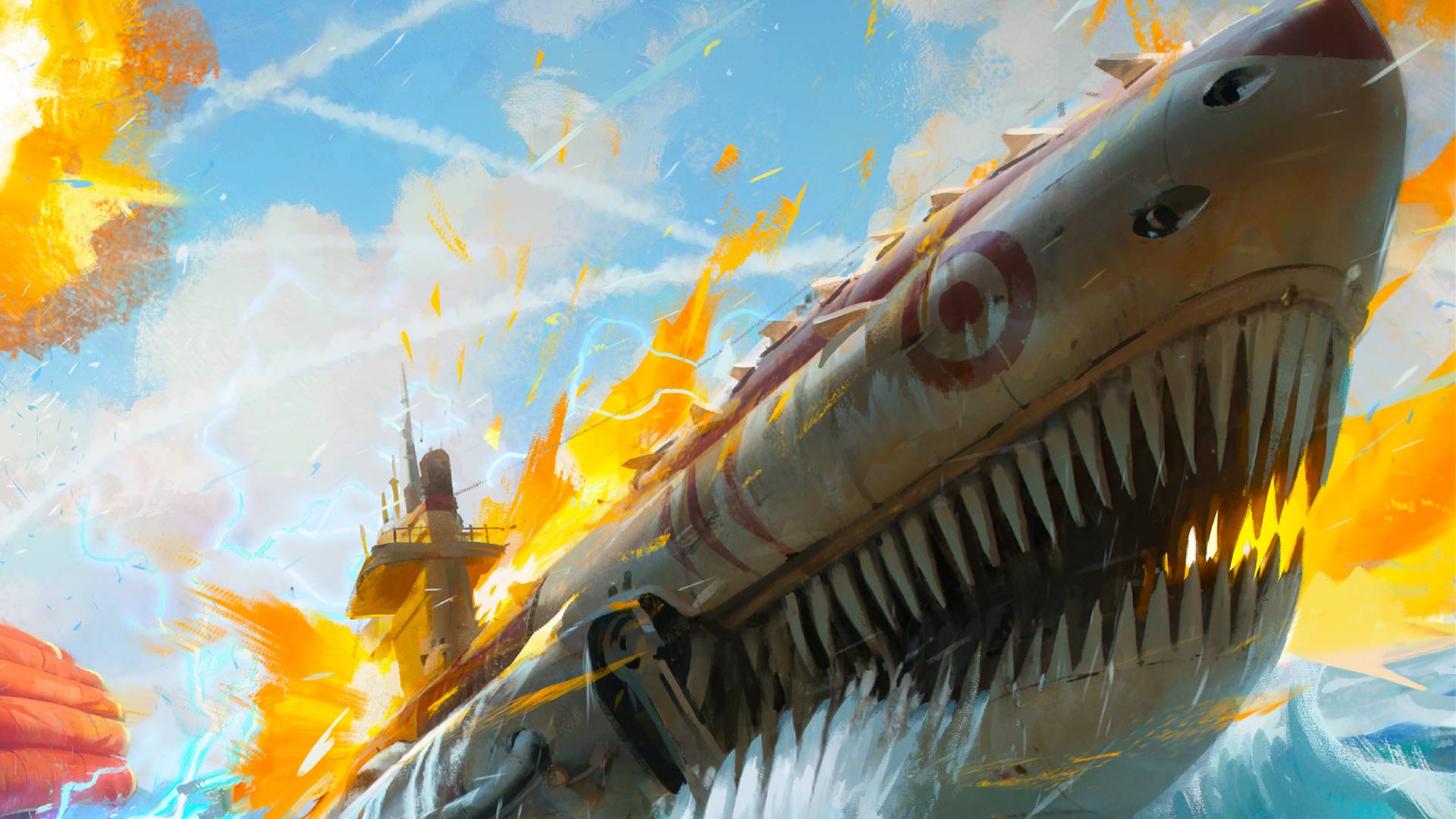 A warship painted to look like a shark fires all guns.