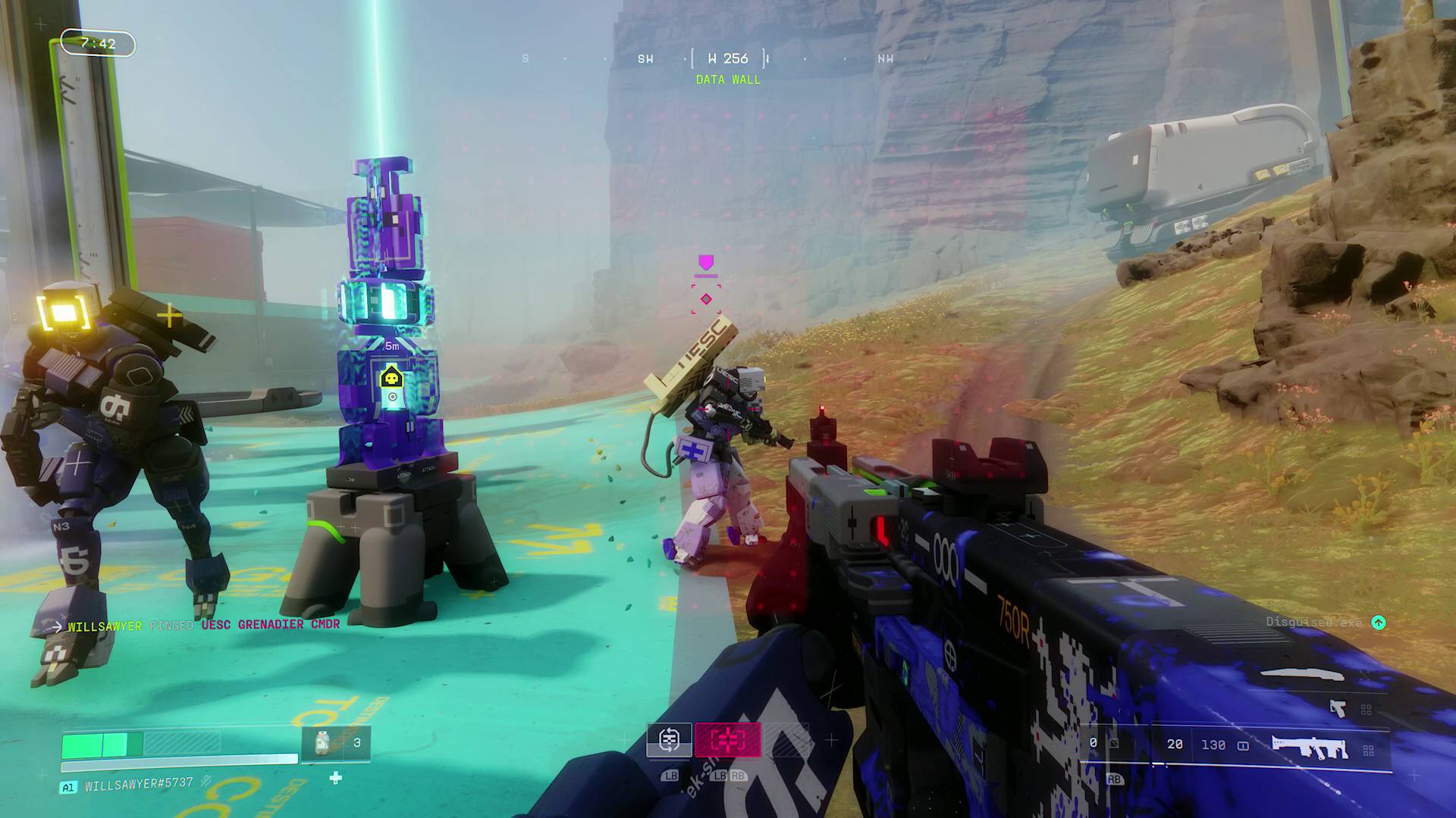 Marathon Rook player using disguise against UESC robots at exfil beacon