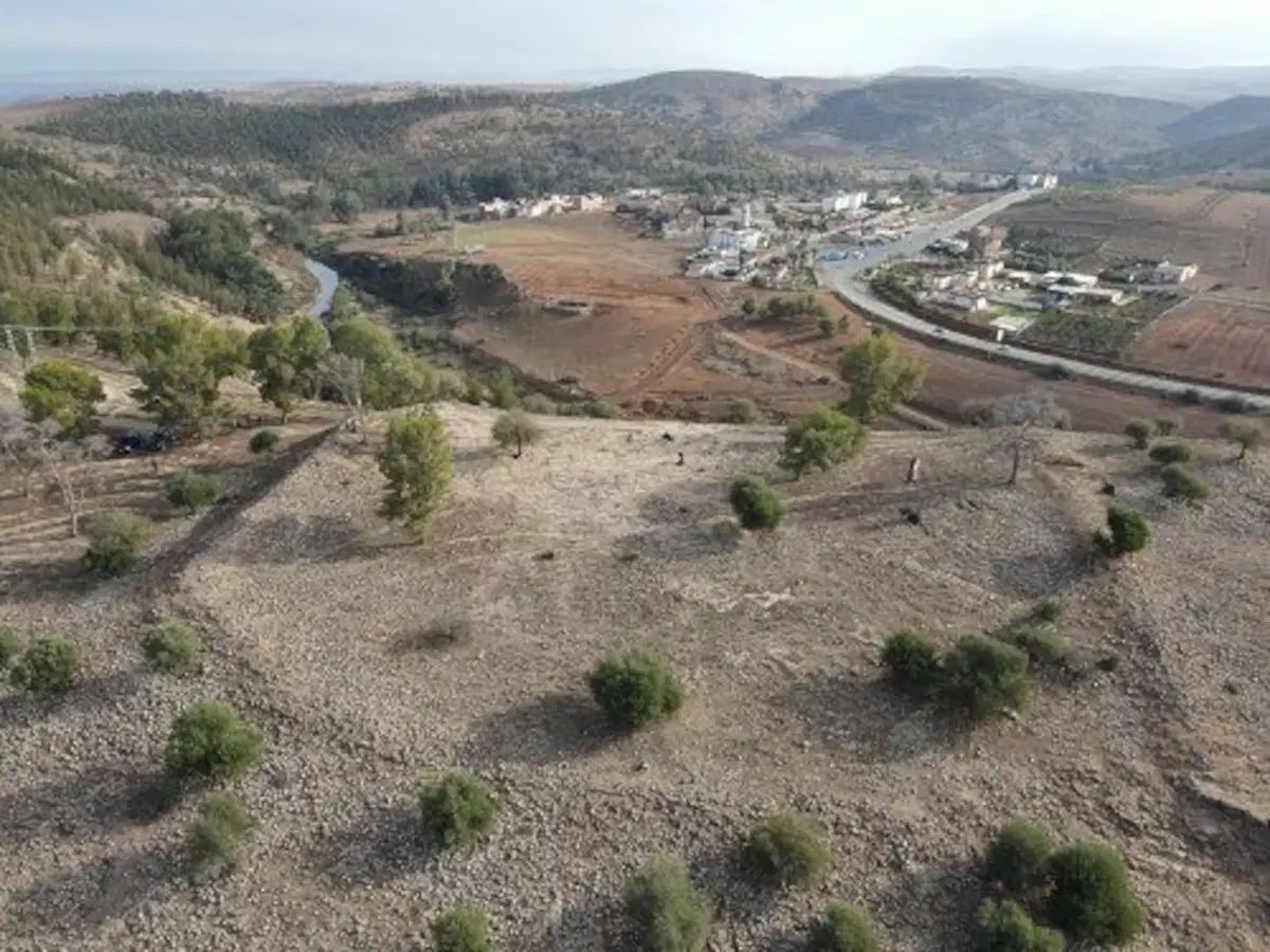 Aerial views of two hills with trees on them.