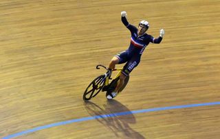 Francois Pervis celebrates after winning his gold medal in the Men's Sprint final