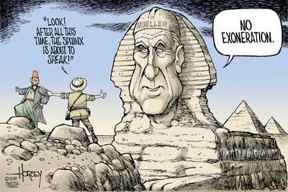 Political Cartoon U.S. Mueller Sphinx Statement Obstruction Exoneration