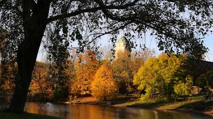 Suomenlinna church is among Wallpaper’s guide of what to do in Helsinki; here it is seen amid autumn trees, with a river in the foreground