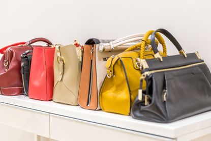 A collection of handbags arranged on a shelf