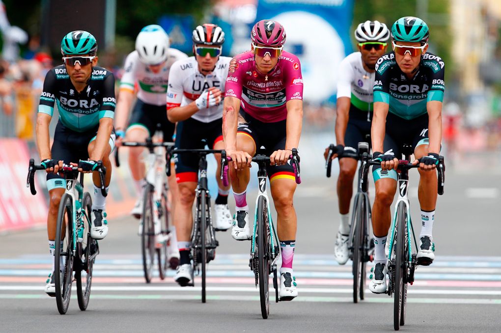 Pascal Ackermann finishes with other riders caught up in the stage 10 crash at the Giro
