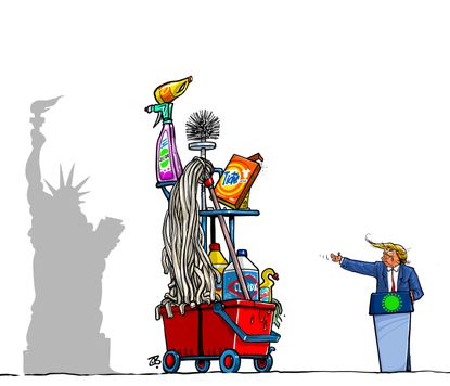 Political Cartoon U.S. Trump coronavirus presents pandemic plan cleaning supplies statue of liberty