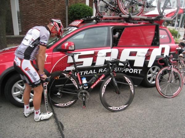 Cantwell (Fly V Australia) pumping his tires up to 220 psi, now you know why they go so fast!
