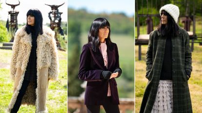 Three images of Claudia Winkleman hosting The Traitors