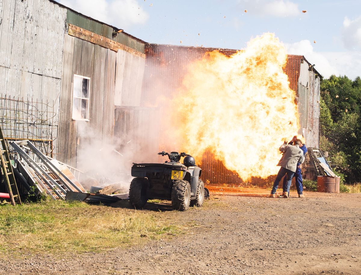 Moira trapped in a barn as it explodes in Emmerdale. 