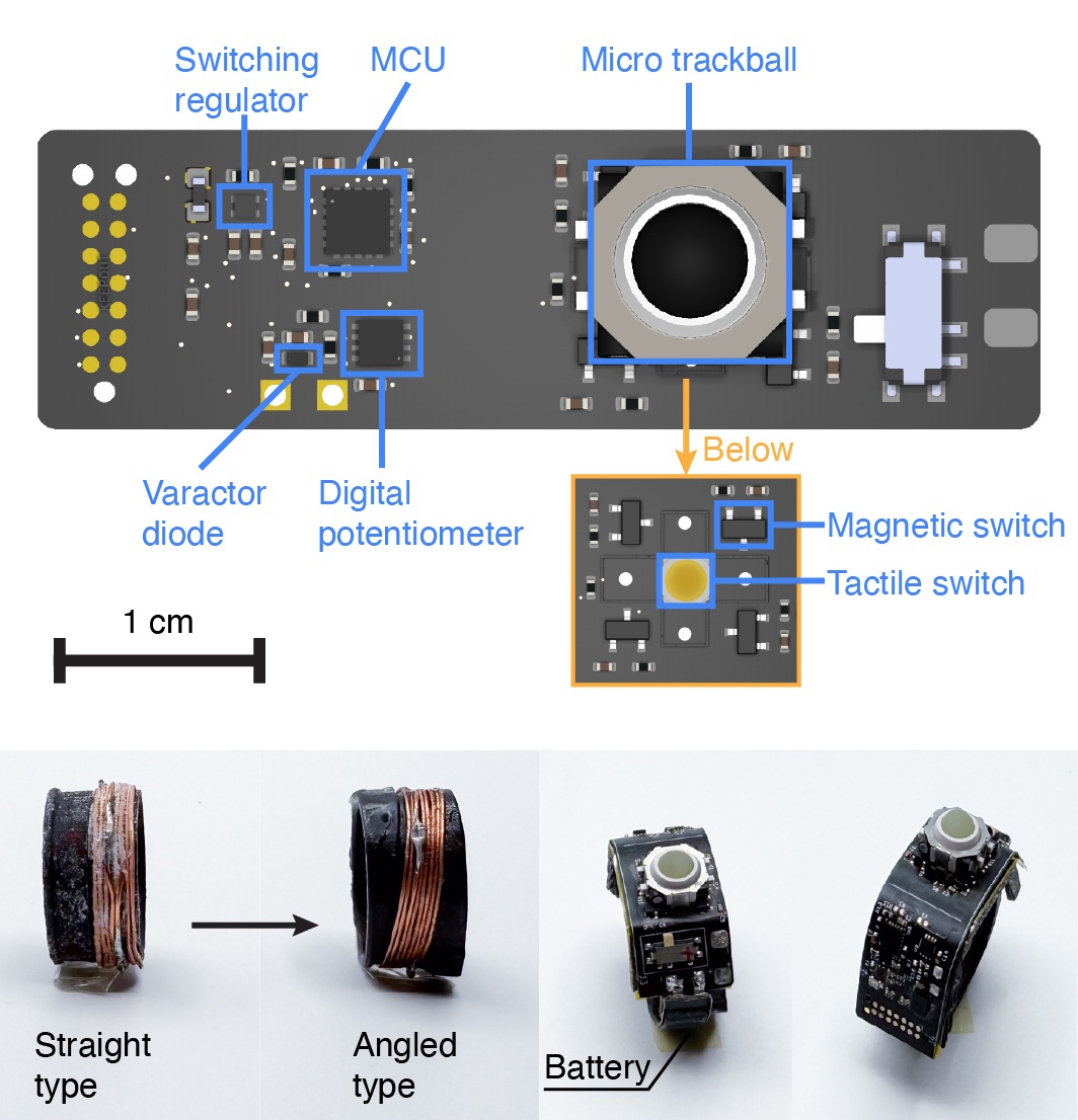 A diagram and teardown of the picoRing revealing the angled signal coils and electronic components placement.