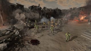 Company of Heroes 3 soldiers running through a ruined city