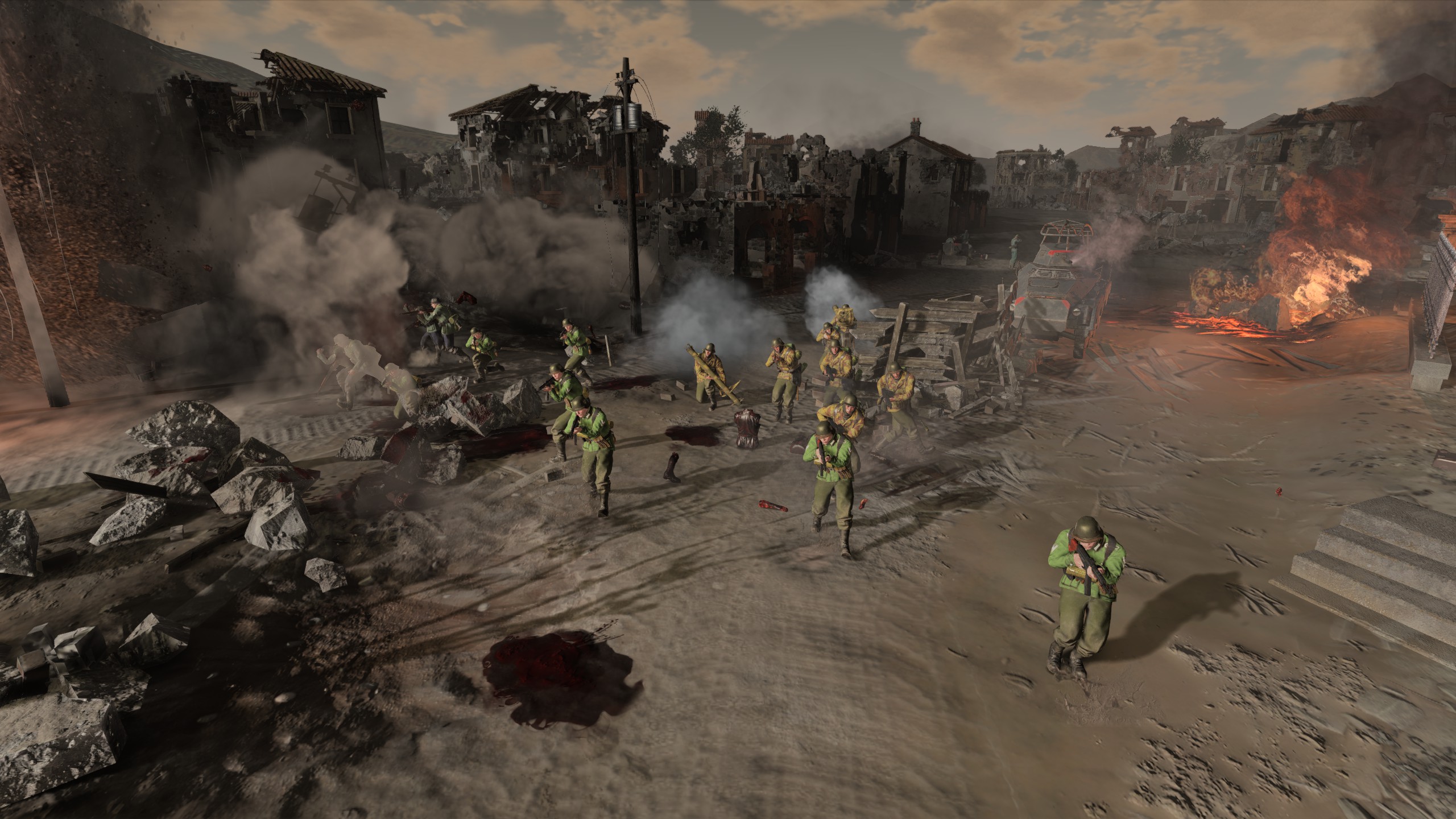 Company of Heroes 3 soldiers running through a ruined city