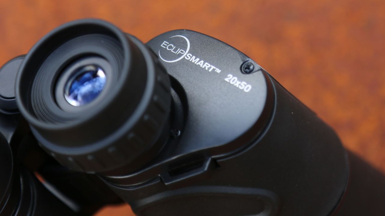 A close-up view of the eyecup on Celestron EclipSmart 20x50 binoculars.