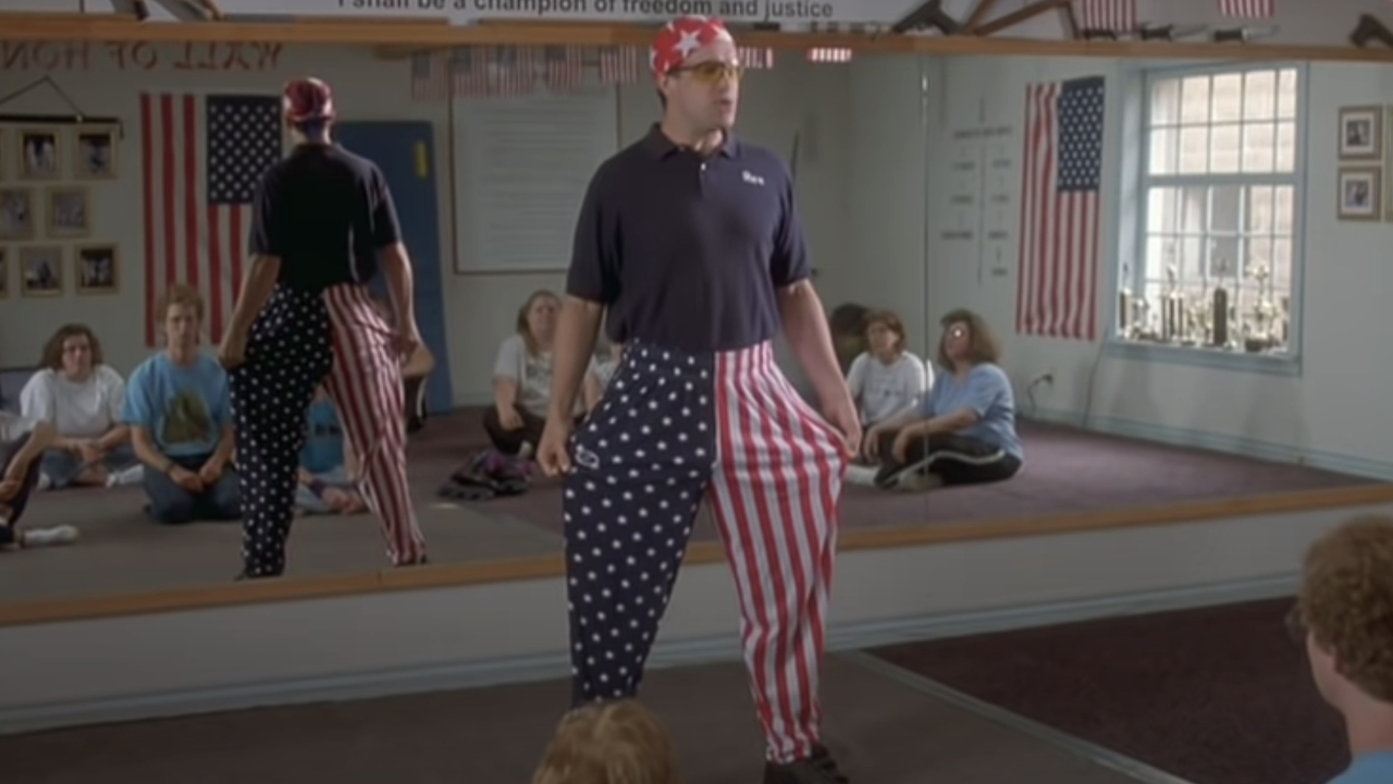 Diedrich Bader as Rex showing off his patriotic pants in his dojo in Napoleon Dynamite