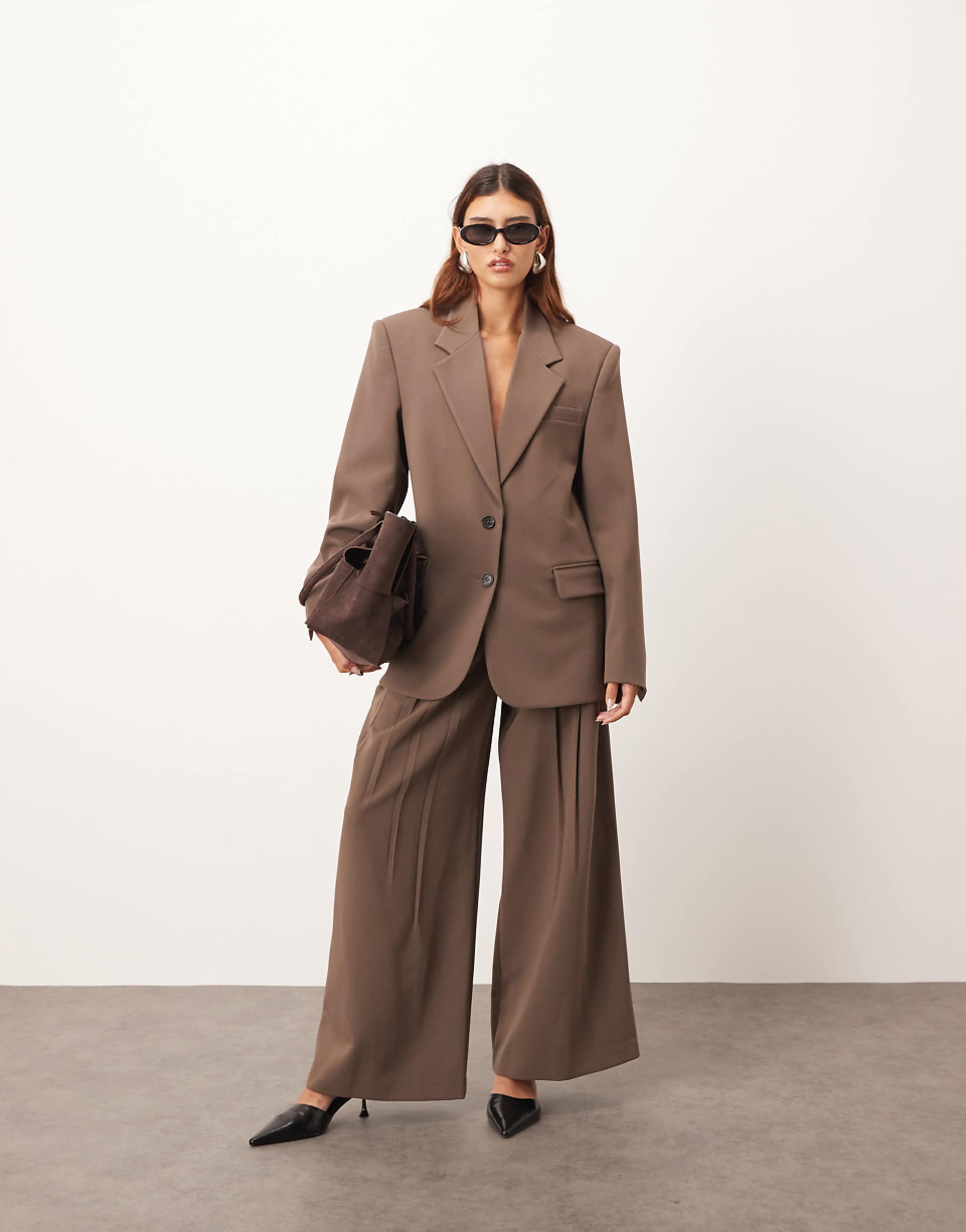 Arrange Wool Pleated Wide Leg Trouser Co-Ord in Chocolate