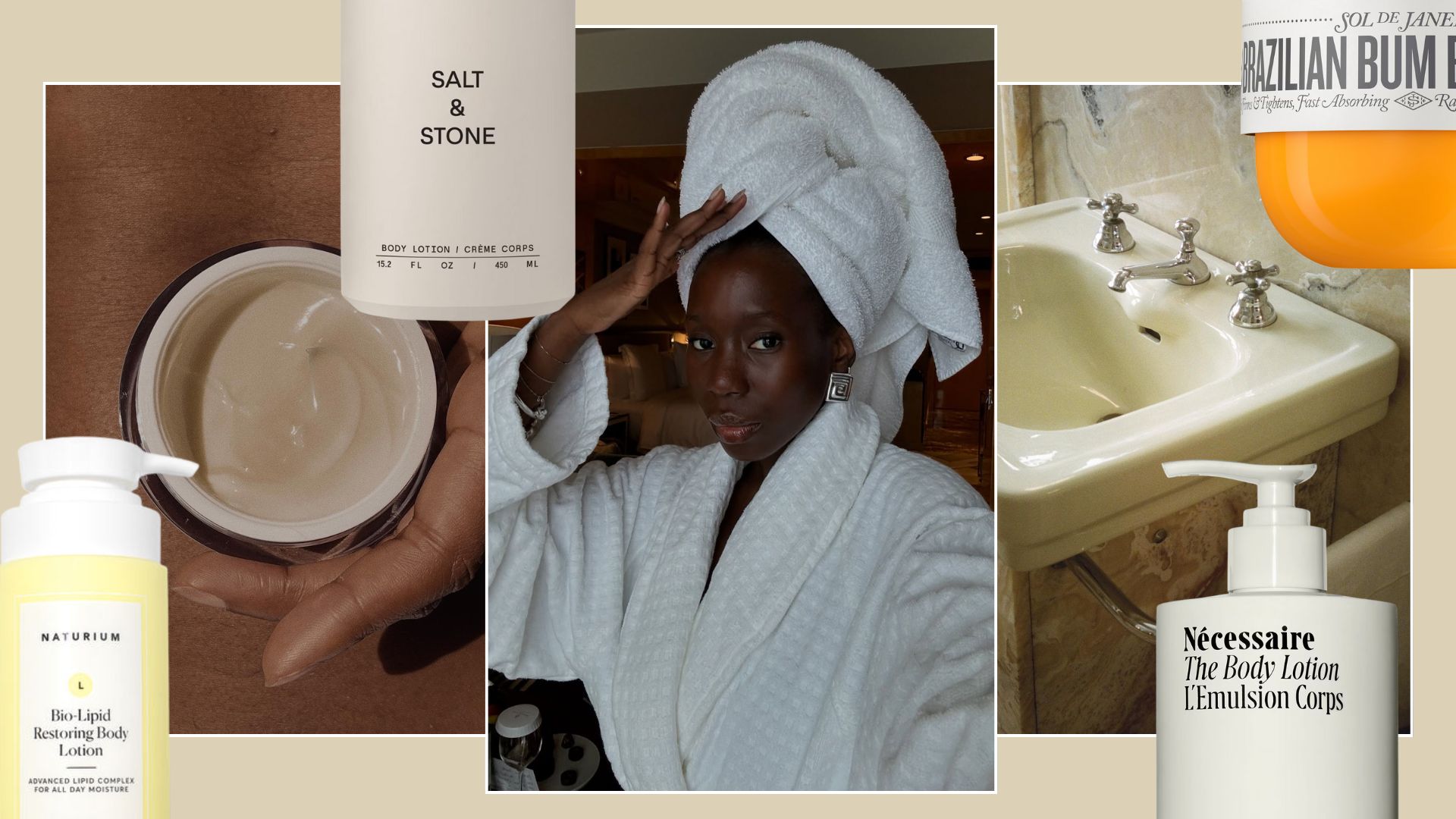 A collage with a selfie of @daniellejinadu in a rode and head towel, with photos of body lotion textures and products dotted around