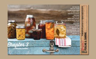 Chapter 3 image, list of recipes, clear jars of pickled dishes, blue box, blurred landscape in the background