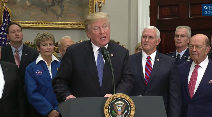 President Donald Trump discusses space policy at the White House Dec. 11, 2017.