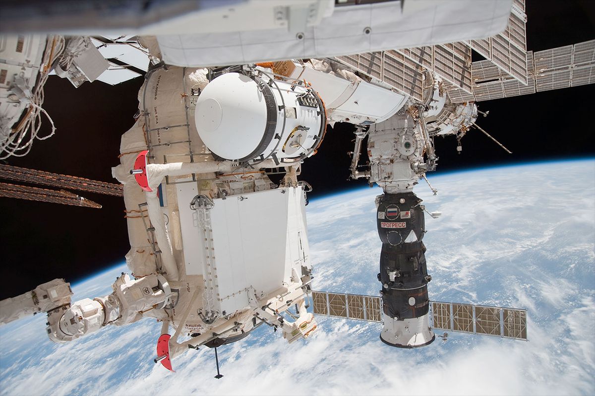 Russia&#039;s Rassvet mini-research module is seen during its installation to the International Space Station in May 2010. The airlock attached to the module (at top) is set to be moved to the Nauka multipurpose laboratory module 13 years later.