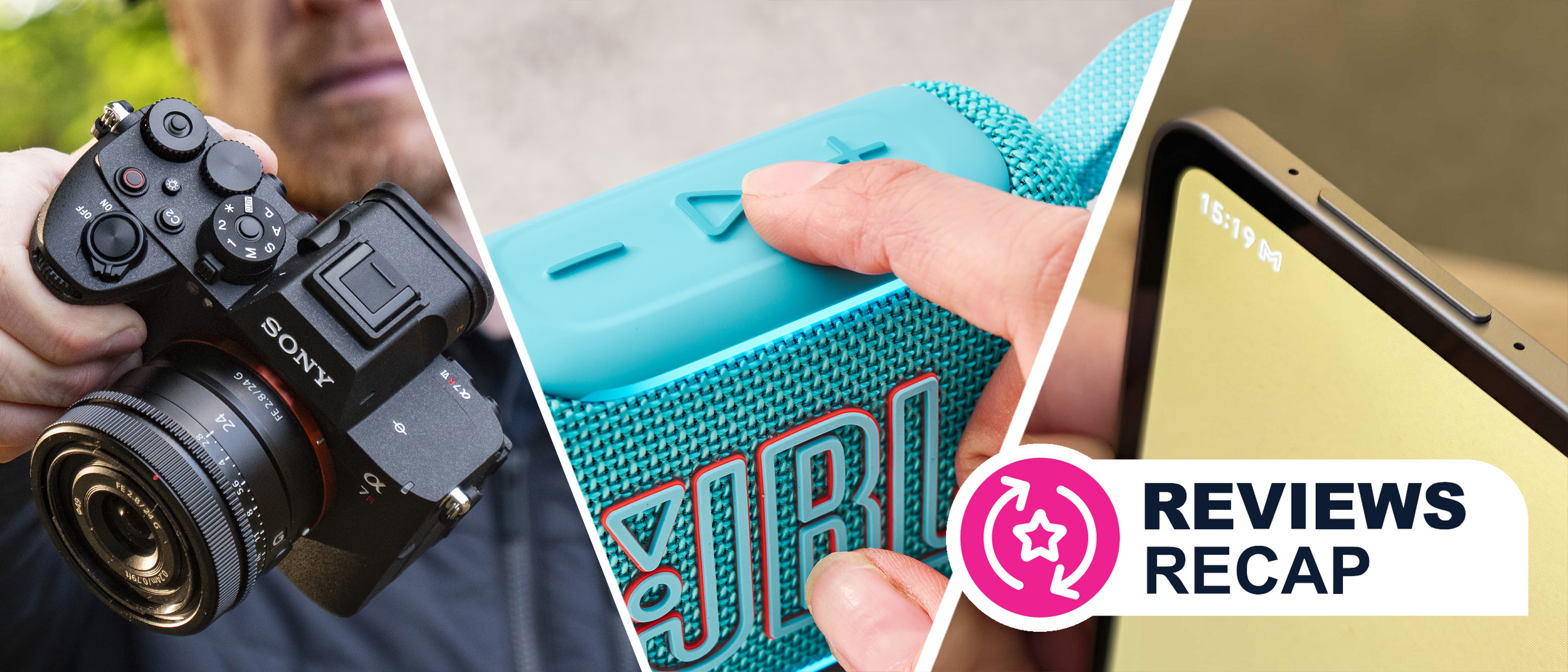 Three different gadgets, in a split image format, with a Reviews Recap logo in the corner