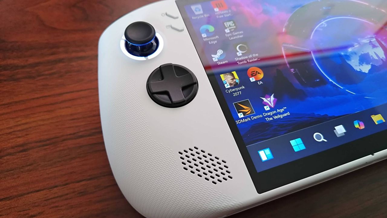 Closeup of Lenovo Legion Go S left-hand side with joystick, menu buttons and d-pad in view.