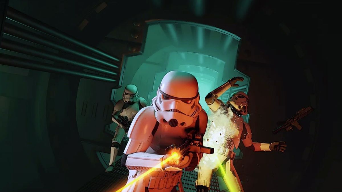 Still from the video game Star Wars: Dark Forces. Three stormtroopers are charging at you down a narrow corridor, firing their blaster guns.