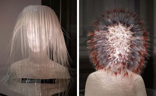 Two images showing two dramatic hair piece designs. The first is pure white long hair. The second is spiky white hair with red tips.