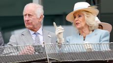 King Charles III and Queen Camilla watch their horse 'Treasure' run, and finish 11th, in the 'Oaks' as they attend 'Ladies Day' of the Betfred Derby Festival 2024 at Epsom Downs Racecourse on May 31, 2024 in Epsom, England. (Photo by Max Mumby/Indigo/Getty Images)