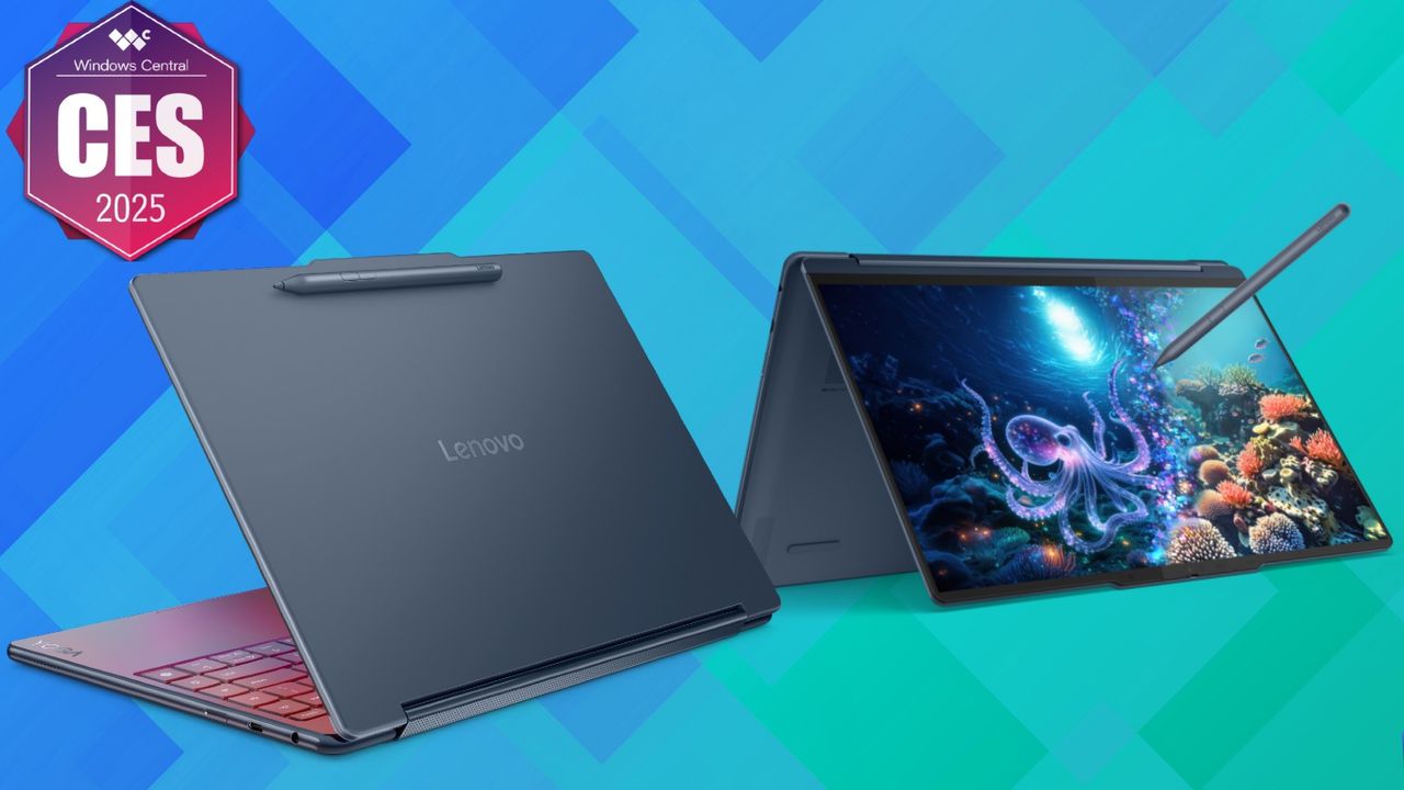 Render of the Lenovo Yoga 9i 2-in-1 14 (Gen 10) Aura Edition on a blue background with the "Windows Central @ CES 2025" badge.