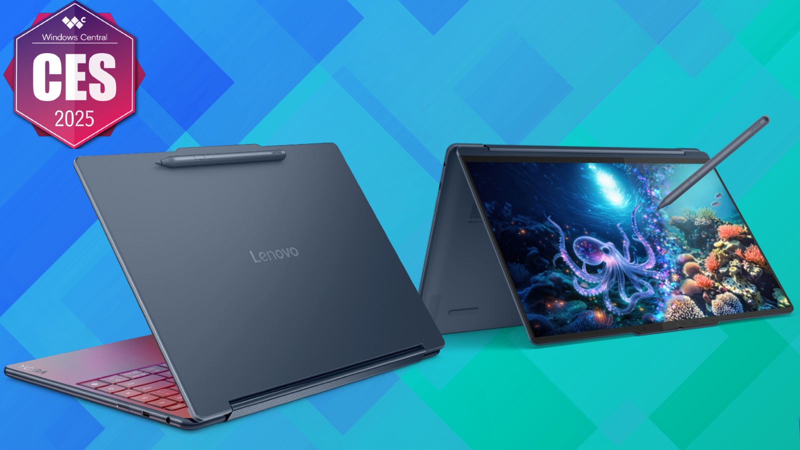 Render of the Lenovo Yoga 9i 2-in-1 14 (Gen 10) Aura Edition on a blue background with the 