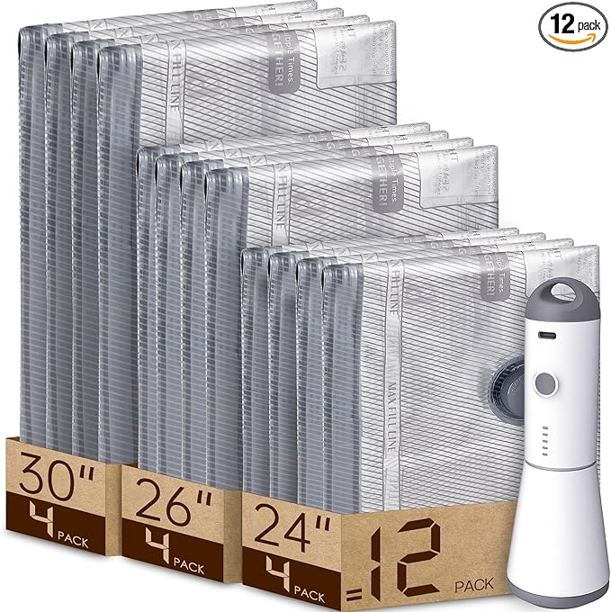 Vacbird, Vacbird 12 Pack Vacuum Bags for Travel With Rechargeable Air Pump, Carry-On Size Vacuum Seal Bags for Luggage and Suitcase Compression, Space Saver for Clothes and Clothing Travel