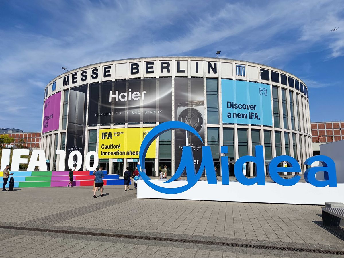A building with two large signs in front