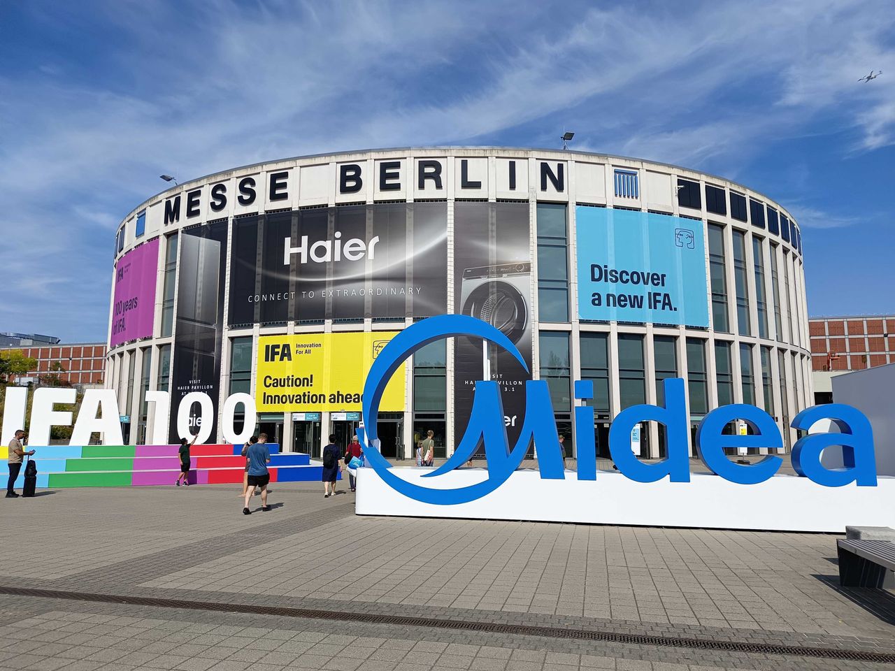 A building with two large signs in front
