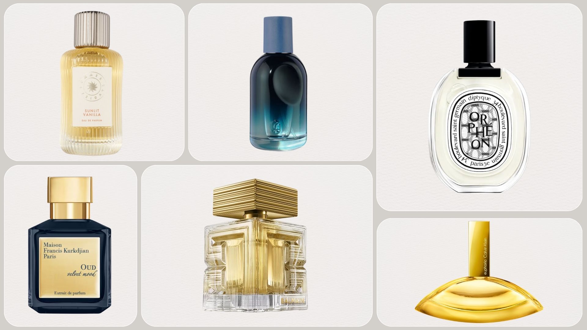 A collage of new-in perfumes from Summer Fridays, Glossier, Diptyque, Maison Francis Kurkdjian, Balmain and Calvin Klein