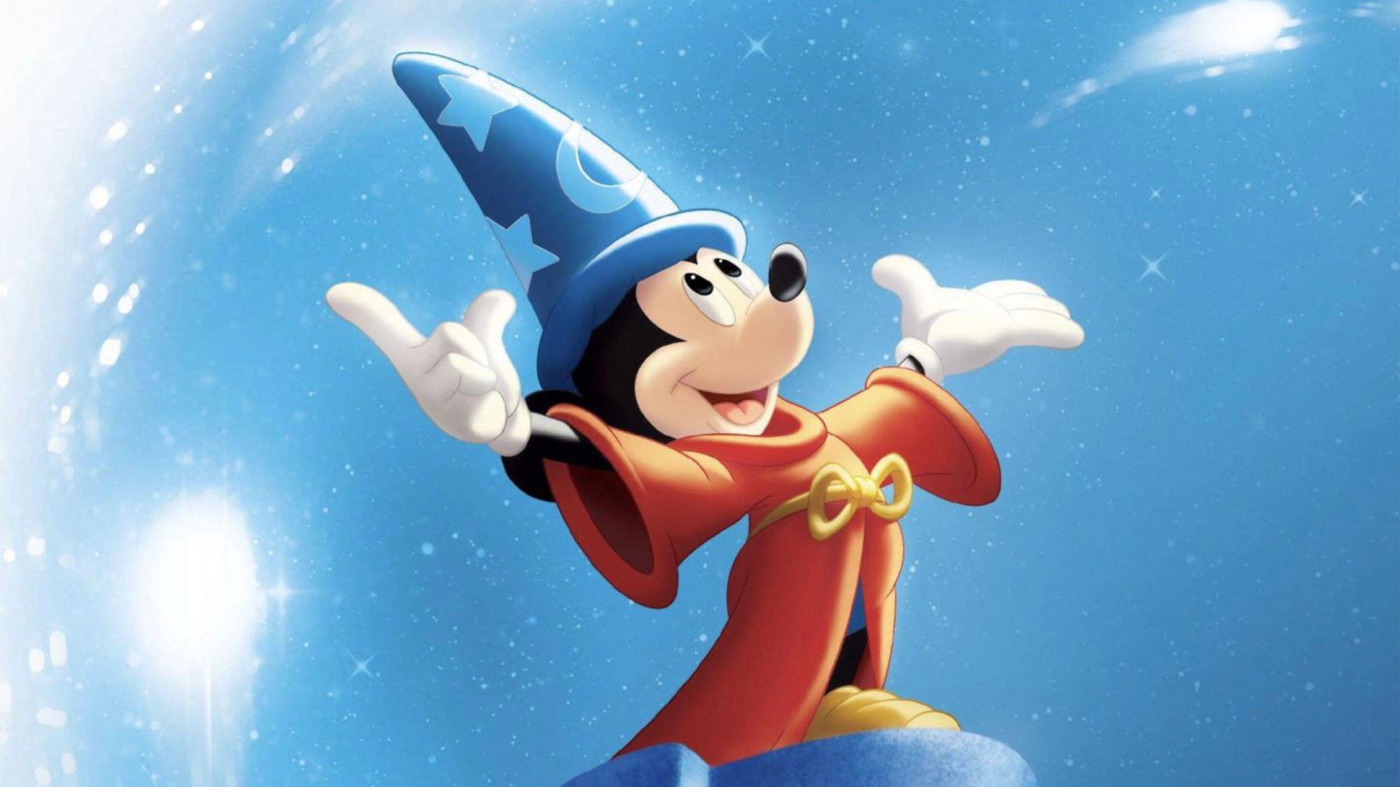 A still from FANTASIA 1940, the Walt Disney cartoon, with Mickey Mouse in the Sorcerer's Apprentice sequence.