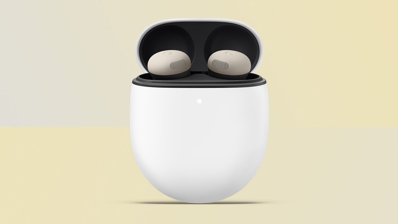 The Google Pixel Buds 2 Pro on a yellow background