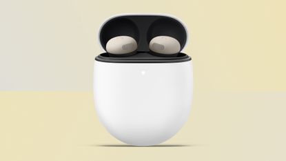 The Google Pixel Buds 2 Pro on a yellow background