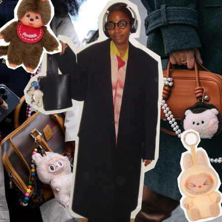 Photo of actress Ayo Edebri wearing black bucket bag and plushie bag charm, surrounded by plushie bag charms of Labubus and Monchichi.