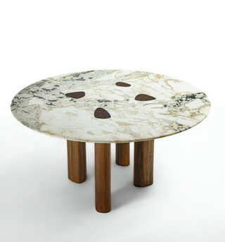 Milan Design Week Porada Oswood Tondo round dining table with marble top and wood legs