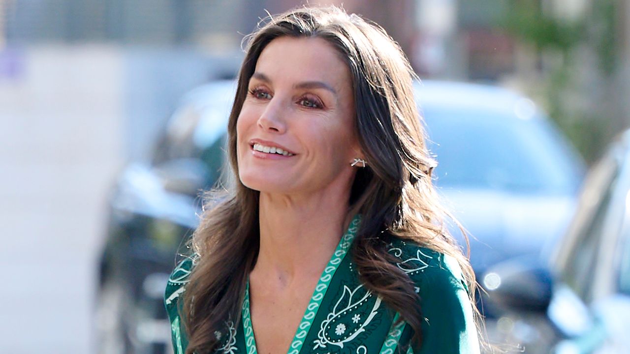 Queen Letizia’s funky print emerald green dress seen as she attends the Mental Health&#039;s Day 2023 event