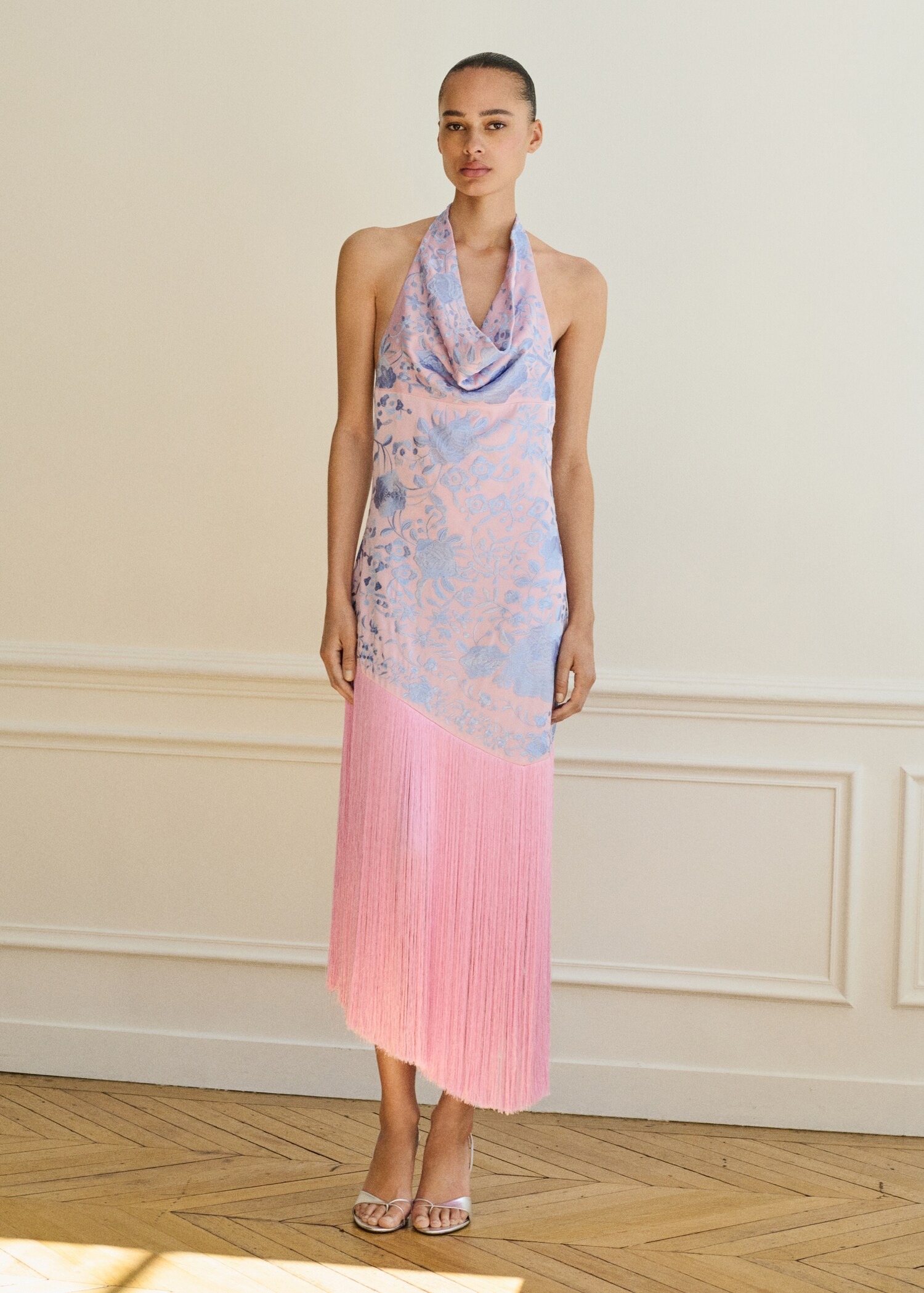 MANGO, Asymmetrical Dress With Embroidered Fringes