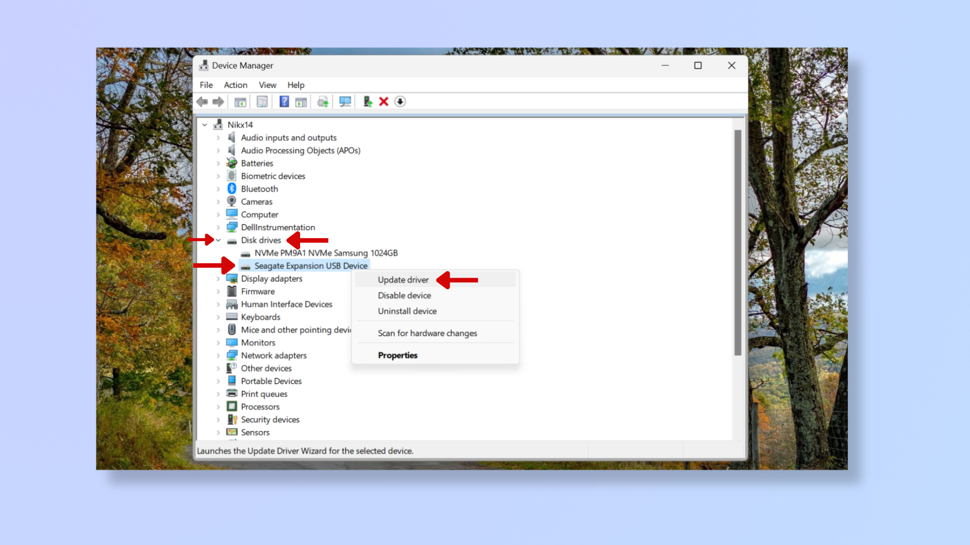 A screenshot of the Device Manager tool on Windows, with red arrows pointing at Disk drives and Update driver. 