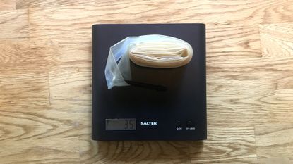 An Eclipse Endurance inner tube on the scales, with the scales reading 35g