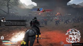 The image shows the player on horseback advancing toward an enemy army.