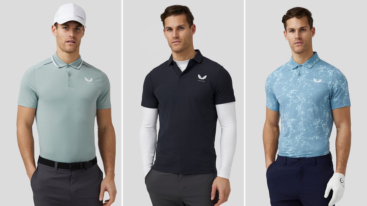 Three models wearing Castore golf apparel