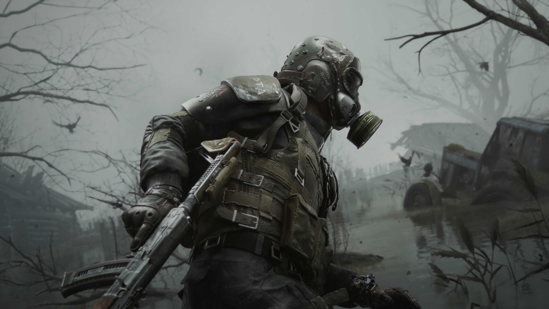 A Metro soldier in a gas mask.