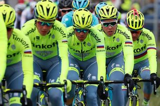 Alberto Contador is surrounded by his Tinkoff team at Paris-Nice.