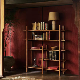 A wooden bookshelf, full of books, against a dark red wall.